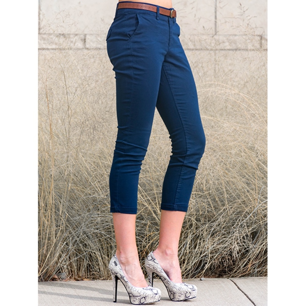 •||REGULAR & PLUS||• BELTED CROP PANTS - NAVY
